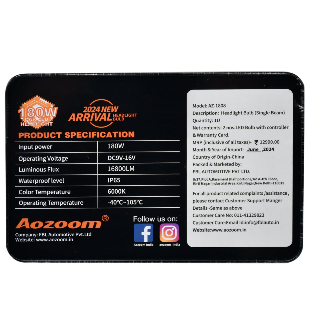 Aozoom 180W Headlight Bulb 6000K AZ1808-H7/H18 – CARPLUS