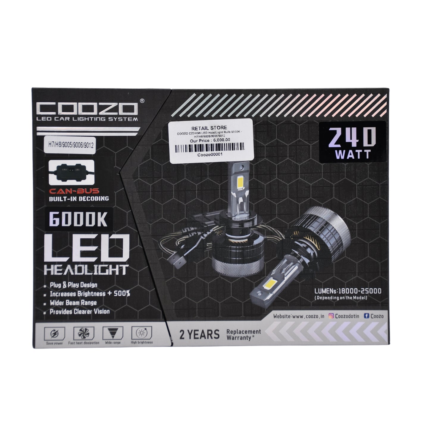 
                  
                    COOZO CZ240W LED HeadLight Bulb 6000K - H7/H8/9005/9006/9012-LED LIGHTS-COZO-CARPLUS
                  
                