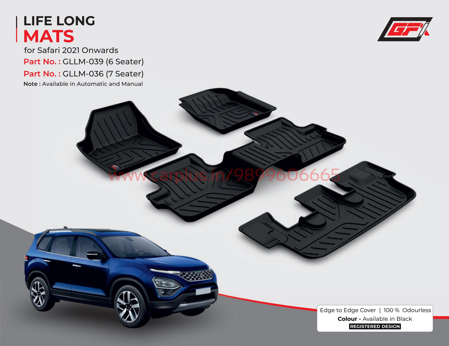 
                  
                    GFX Life Long Car Mats for Tata Safari -Black2021 onwards 7 seater (Automatic)-LIFE LONG CAR MATS-GFX-CARPLUS
                  
                