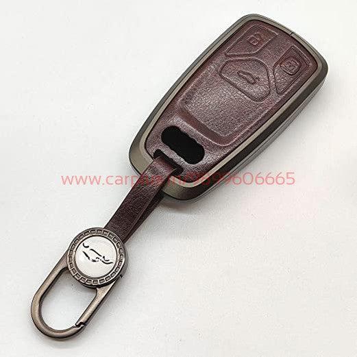 KMH Aluminium Alloy with Leather Car Key Cover Compatible for Audi A4L 2017 Audi Q7 2016 Audi TTS 2016 Audi TT 2015 Fob Remote Key-TPU ALUMINIUM KEY COVER-KMH-Gun Brown-With Key Chain-CARPLUS