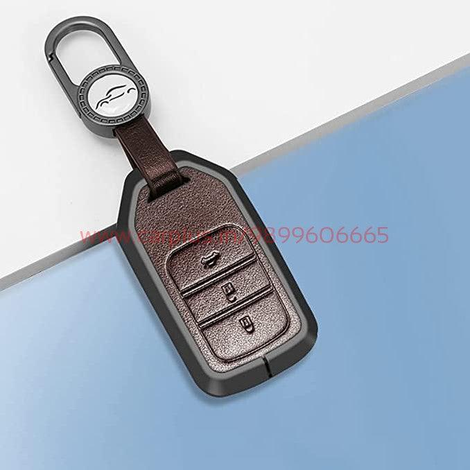 KMH Aluminium Alloy with Leather Car Key Cover Compatible for Honda City, Civic, Jazz, Amaze, CR-V, WR-V, BR-V 3 Button Push Button Start Smart Key-TPU ALUMINIUM KEY COVER-KMH-Gun Brown-With Key Chain-CARPLUS