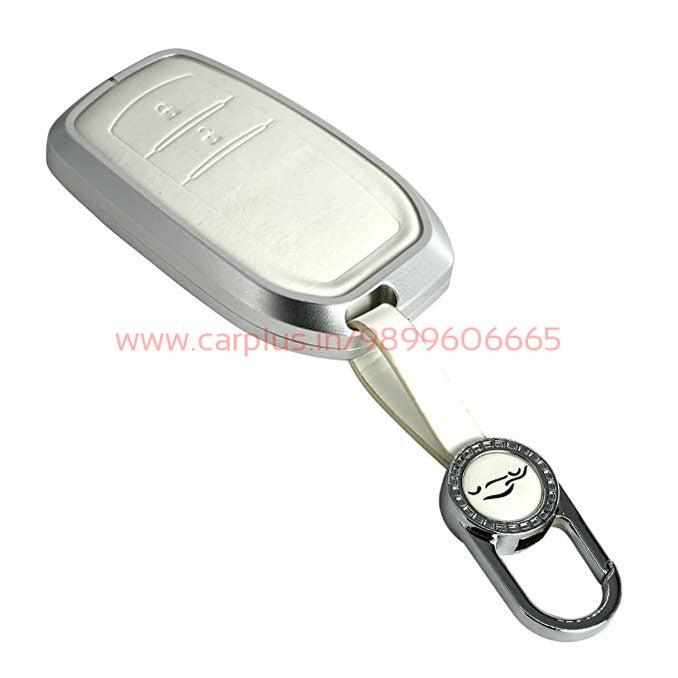
                  
                    KMH Aluminium Alloy with Leather Car Key Cover Compatible for Toyota Innova Crysta | Hilux 2022 Key Cover 2 Button Smart Key-TPU ALUMINIUM KEY COVER-KMH-Silver White-With Key Chain-CARPLUS
                  
                