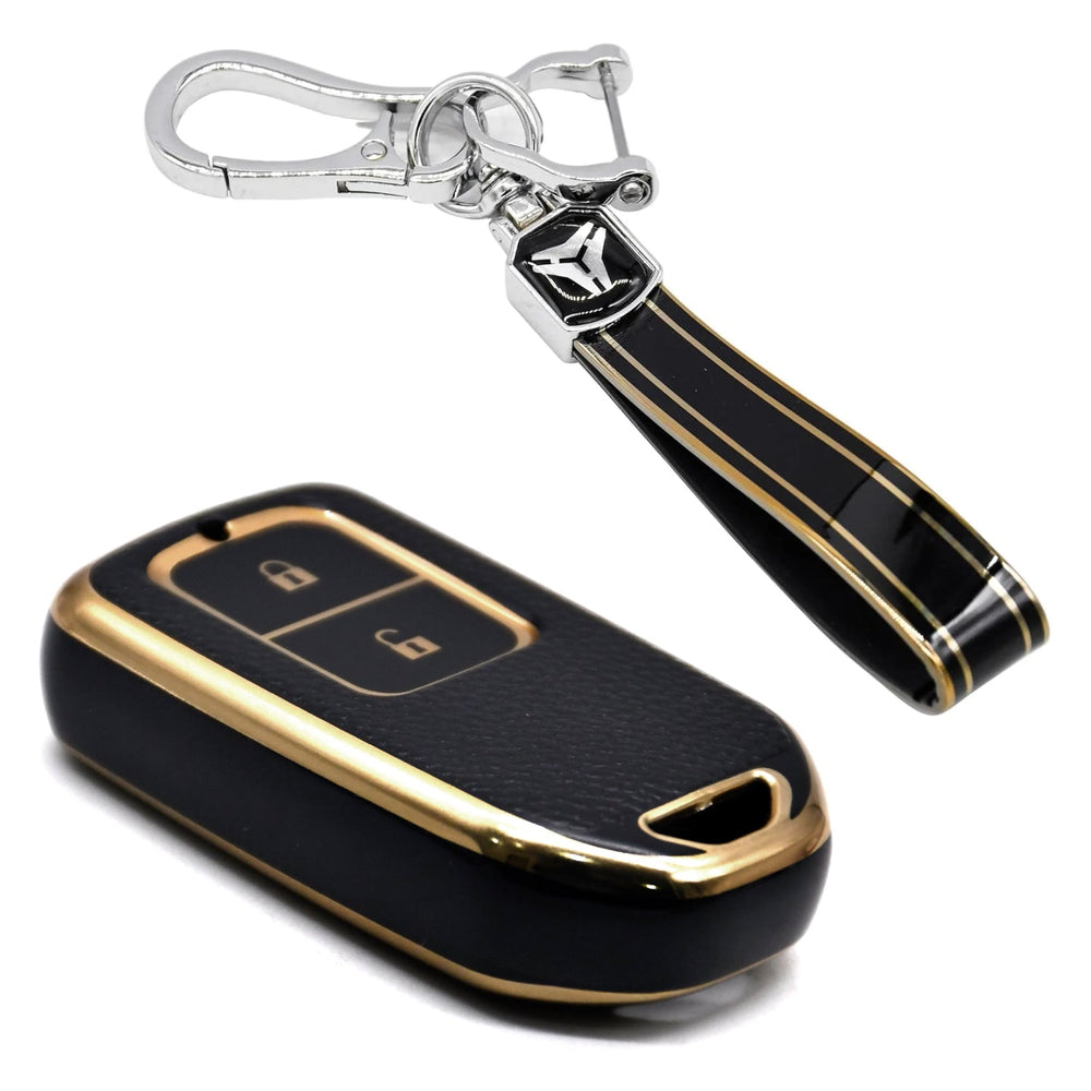 KMH Leather Key Cover for Honda with Keychain(D1)-Gold/Black-TPU GOLD KEY COVER-KMH-CARPLUS