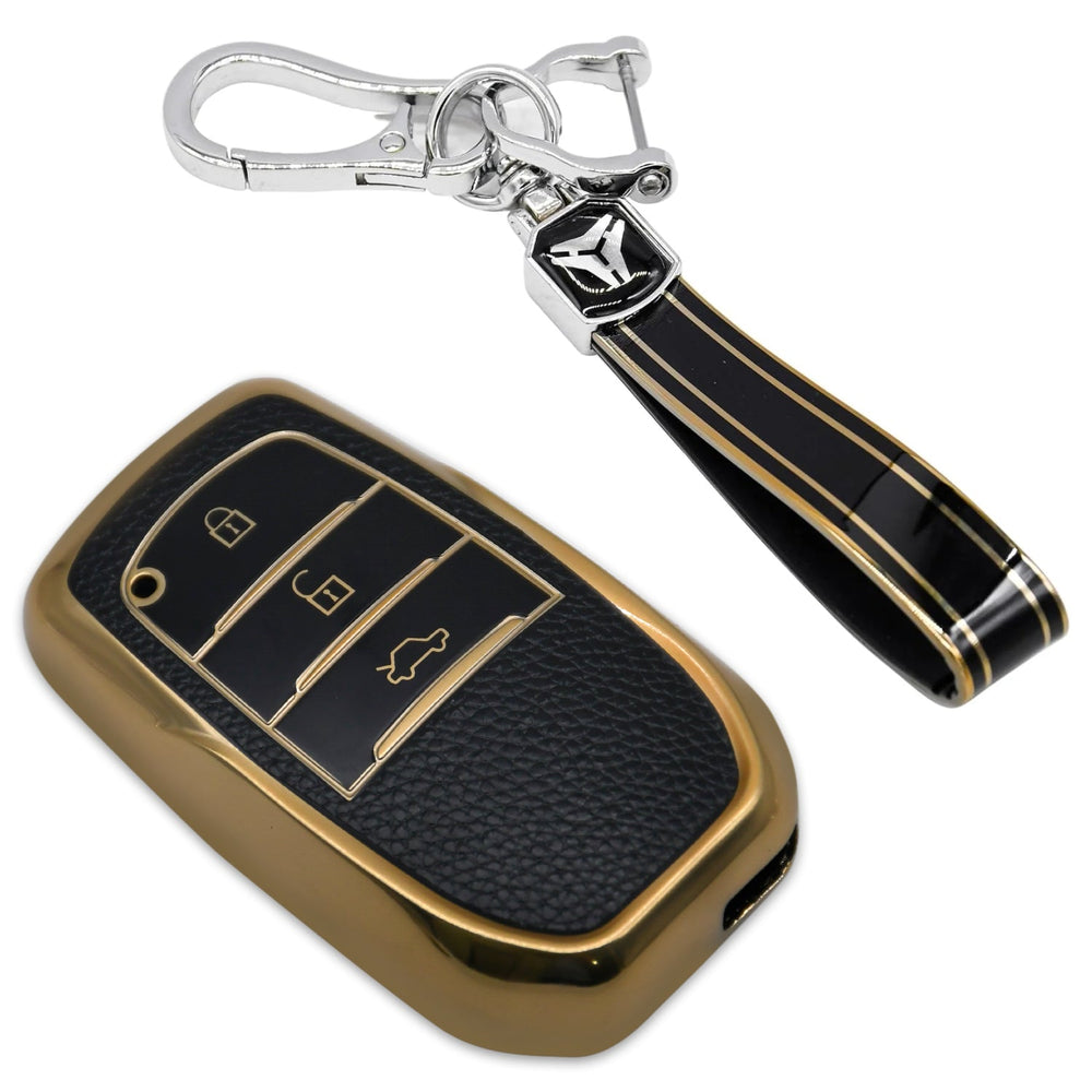 KMH Leather Key Cover for Toyota with Keychain(D3)-Gold/Black-TPU GOLD KEY COVER-KMH-CARPLUS
