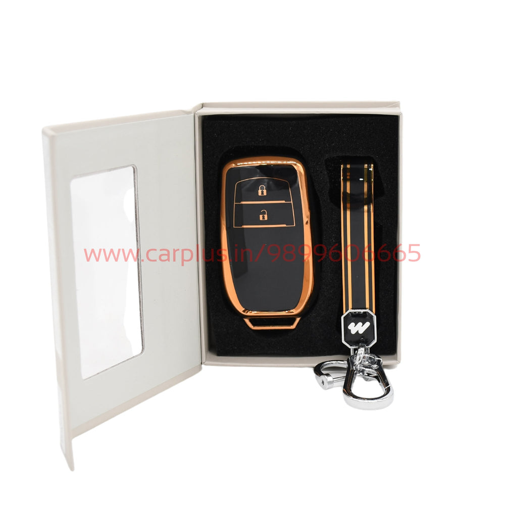 KMH Premium TPU 2 Button Smart Key Cover With Key Chain for Toyota-TPU KEY COVER-KMH-TPU KEY COVER-BLACK//GOLDEN-CARPLUS