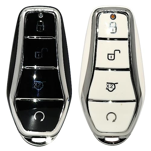 KMH Premium TPU Silver Car Key Cover Compatible for BYD Atto-3 (Pack of 2,Black-White)-TPU SILVER KEY COVER-KMH-CARPLUS