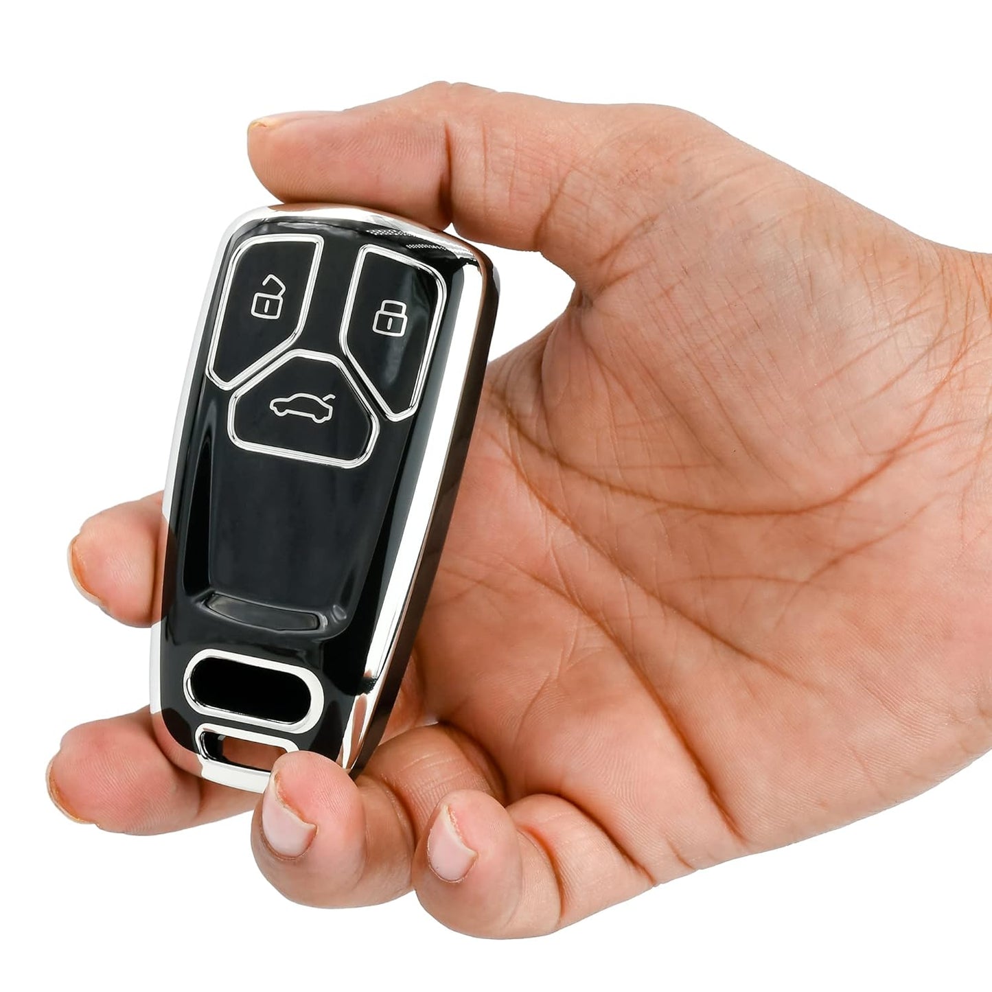 
                  
                    KMH Silver Border TPU Key Cover Compatible for Audi A4 TT TTS Q7 2016 2017 Key Cover 3 Button Push Smart Key(Pack Of 2 Black )-TPU SILVER KEY COVER-KMH-CARPLUS
                  
                