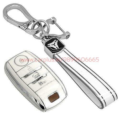 
                  
                    KMH Silver Border TPU Key Cover Compatible for KIA Seltos 4 Button Push Smart Key Cover-TPU SILVER KEY COVER-KMH-KEY COVER-White with Keychain-CARPLUS
                  
                