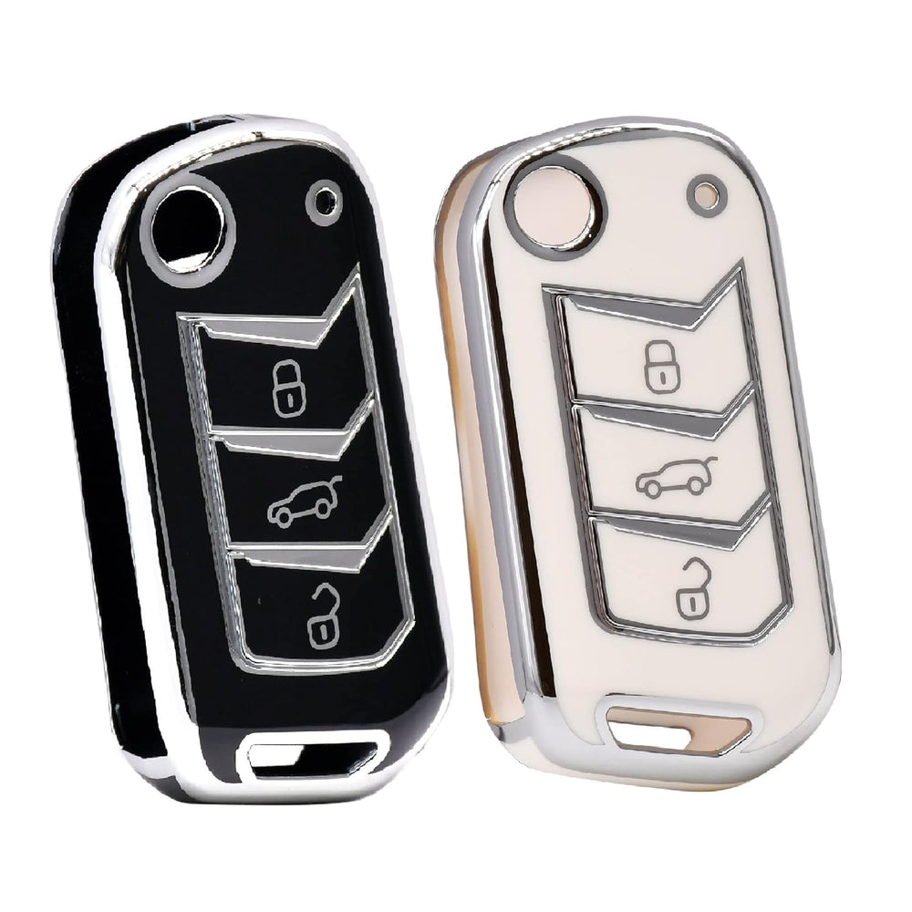 KMH Silver Border TPU Key Cover Compatible for Mahindra New Scorpio 2022, XUV 700, Thar 2020, Tuv-300, Marazzo, Scorpio 2019, Bolero 2020 3 Flip Button Smart Key-TPU SILVER KEY COVER-KMH-CARPLUS
