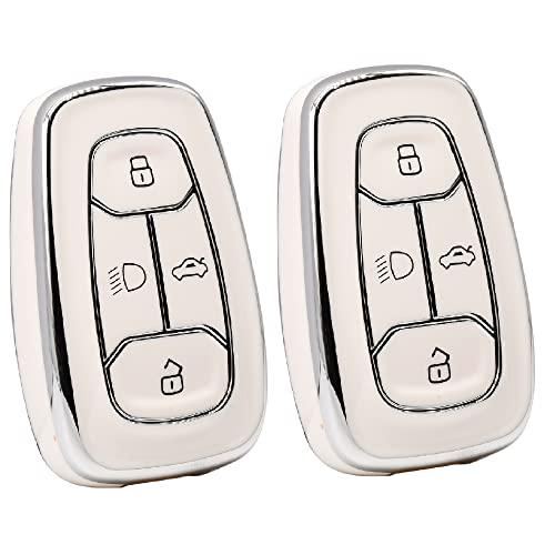 KMH Silver Border TPU Key Cover Compatible for Tata Nexon, Harrier, Safari, Altroz, Tigor EV, Punch, Tiago EV Electric 4 Button Smart Key(Pack Of White 2)-TPU SILVER KEY COVER-KMH-CARPLUS