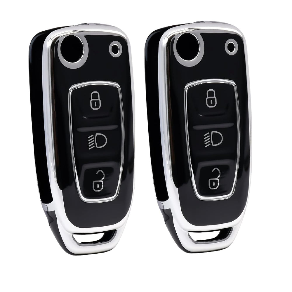 KMH Silver Border TPU Key Cover Compatible for Tata Tiago| Nexon| Altroz| Safari| Zest | Bolt | Tigor | Punch | Hexa 3 Button Smart Key case (Pack Of 2)-TPU SILVER KEY COVER-KMH-CARPLUS