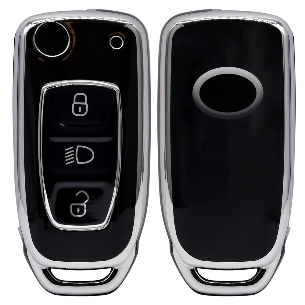 
                  
                    KMH Silver Border TPU Key Cover Compatible for Tata Tiago| Nexon| Altroz| Safari| Zest | Bolt | Tigor | Punch | Hexa 3 Button Smart Key case(Black And White)-TPU SILVER KEY COVER-KMH-CARPLUS
                  
                