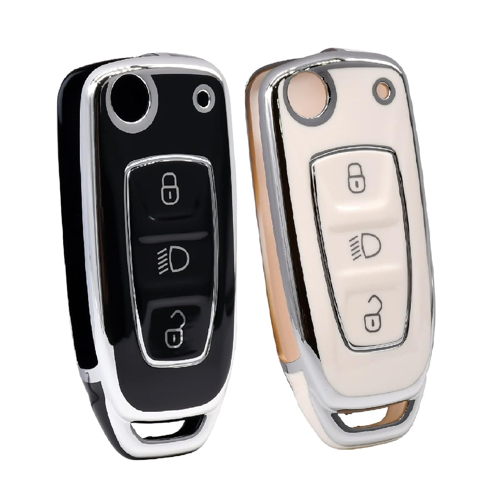 KMH Silver Border TPU Key Cover Compatible for Tata Tiago| Nexon| Altroz| Safari| Zest | Bolt | Tigor | Punch | Hexa 3 Button Smart Key case(Black And White)-TPU SILVER KEY COVER-KMH-CARPLUS
