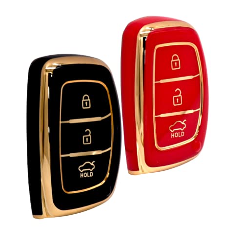 KMH - TPU Gold Car Key Cover Compatible Hyundai Grand i10 NIOS Asta | Venue | i20 | Aura | Creta | Elantra 3 Button Smart Key Cover (Pack of 2, Black-Red)-TPU GOLD KEY COVER-kmh-CARPLUS