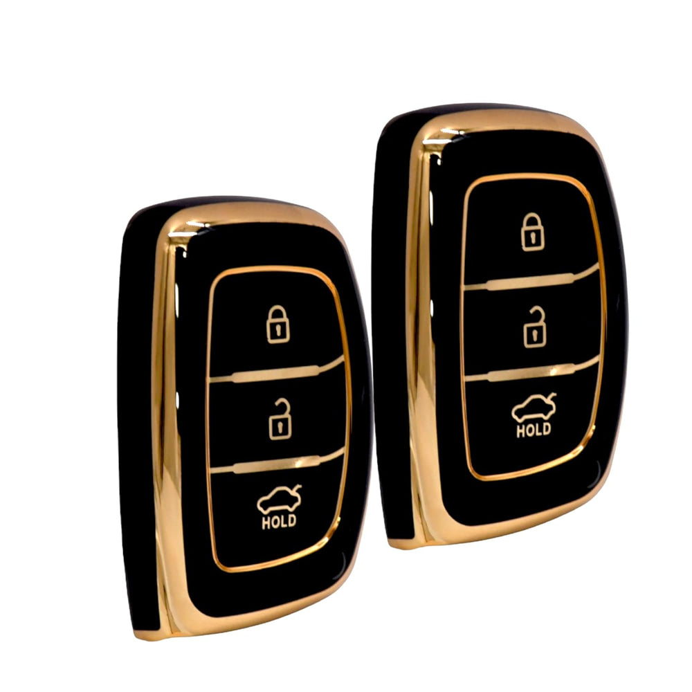 KMH - TPU Gold Car Key Cover Compatible Hyundai Grand i10 NIOS Asta | Venue | i20 | Aura | Creta | Elantra 3 Button Smart Key Cover (Pack of 2, Black)-TPU GOLD KEY COVER-KMH-CARPLUS