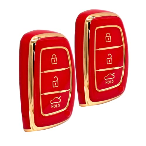 KMH - TPU Gold Car Key Cover Compatible Hyundai Grand i10 NIOS Asta | Venue | i20 | Aura | Creta | Elantra 3 Button Smart Key Cover (Pack of 2, Red)-TPU GOLD KEY COVER-KMH-CARPLUS