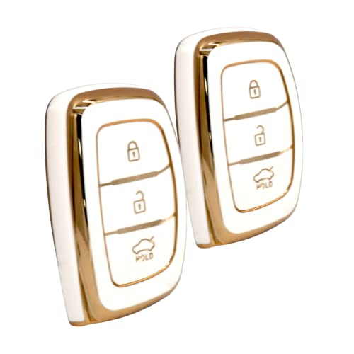 KMH - TPU Gold Car Key Cover Compatible Hyundai Grand i10 NIOS Asta | Venue | i20 | Aura | Creta | Elantra 3 Button Smart Key Cover (Pack of 2, White)-TPU GOLD KEY COVER-KMH-CARPLUS