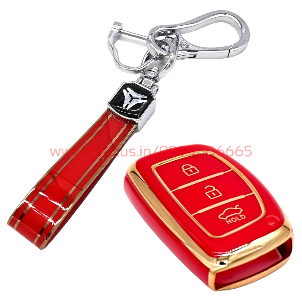 
                  
                    KMH - TPU Gold Car Key Cover Compatible Hyundai Grand i10 NIOS Asta | Venue | i20 | Aura | Creta | Elantra 3 Button Smart Key Cover-TPU GOLD KEY COVER-KMH-KEY COVER-Red with Keychain-CARPLUS
                  
                
