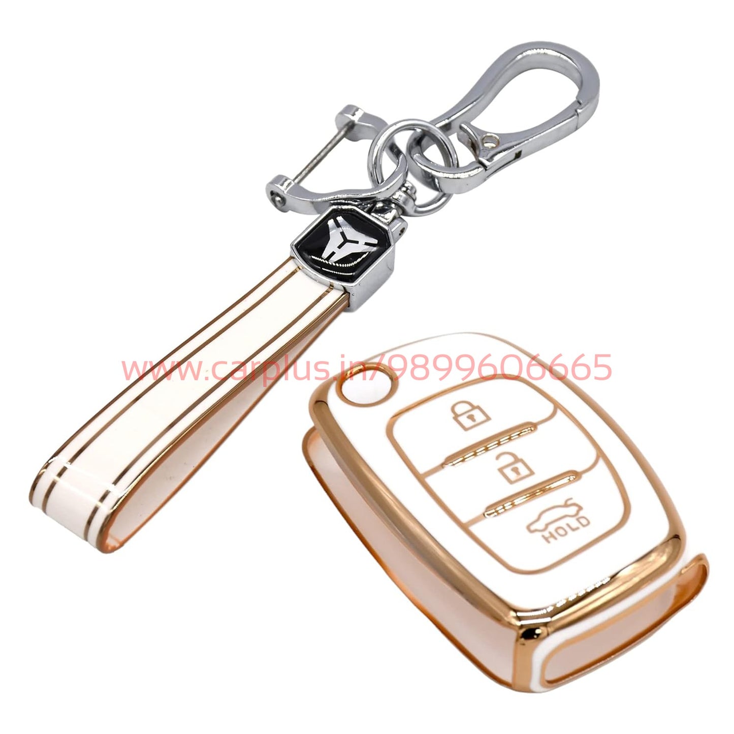 
                  
                    KMH - TPU Gold Car Key Cover Compatible for Hyundai Creta,i20 Elite,Venue 2019,Creta,i20 Active,Aura 3 Push Button Smart Key-TPU GOLD KEY COVER-KMH-KEY COVER-White with Keychain-CARPLUS
                  
                