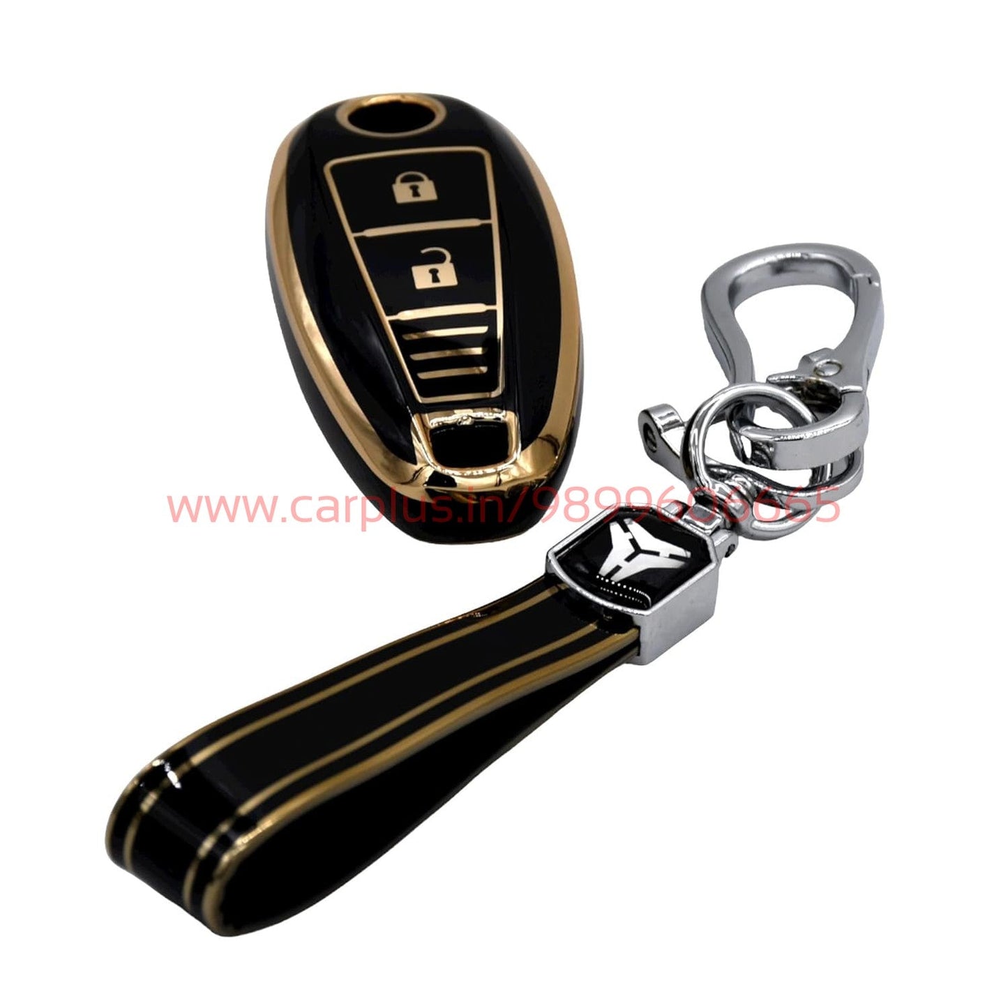 
                  
                    KMH - TPU Gold Car Key Cover Compatible for Maruti Suzuki Baleno | Brezza | Swift| Ignis Compatible with 2 Button Smart Key Cover-TPU GOLD KEY COVER-KMH-KEY COVER-Black with Keychain-CARPLUS
                  
                
