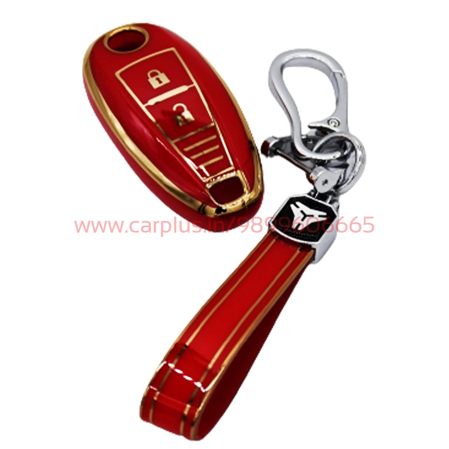 
                  
                    KMH - TPU Gold Car Key Cover Compatible for Maruti Suzuki Baleno | Brezza | Swift| Ignis Compatible with 2 Button Smart Key Cover-TPU GOLD KEY COVER-KMH-KEY COVER-Red with Keychain-CARPLUS
                  
                