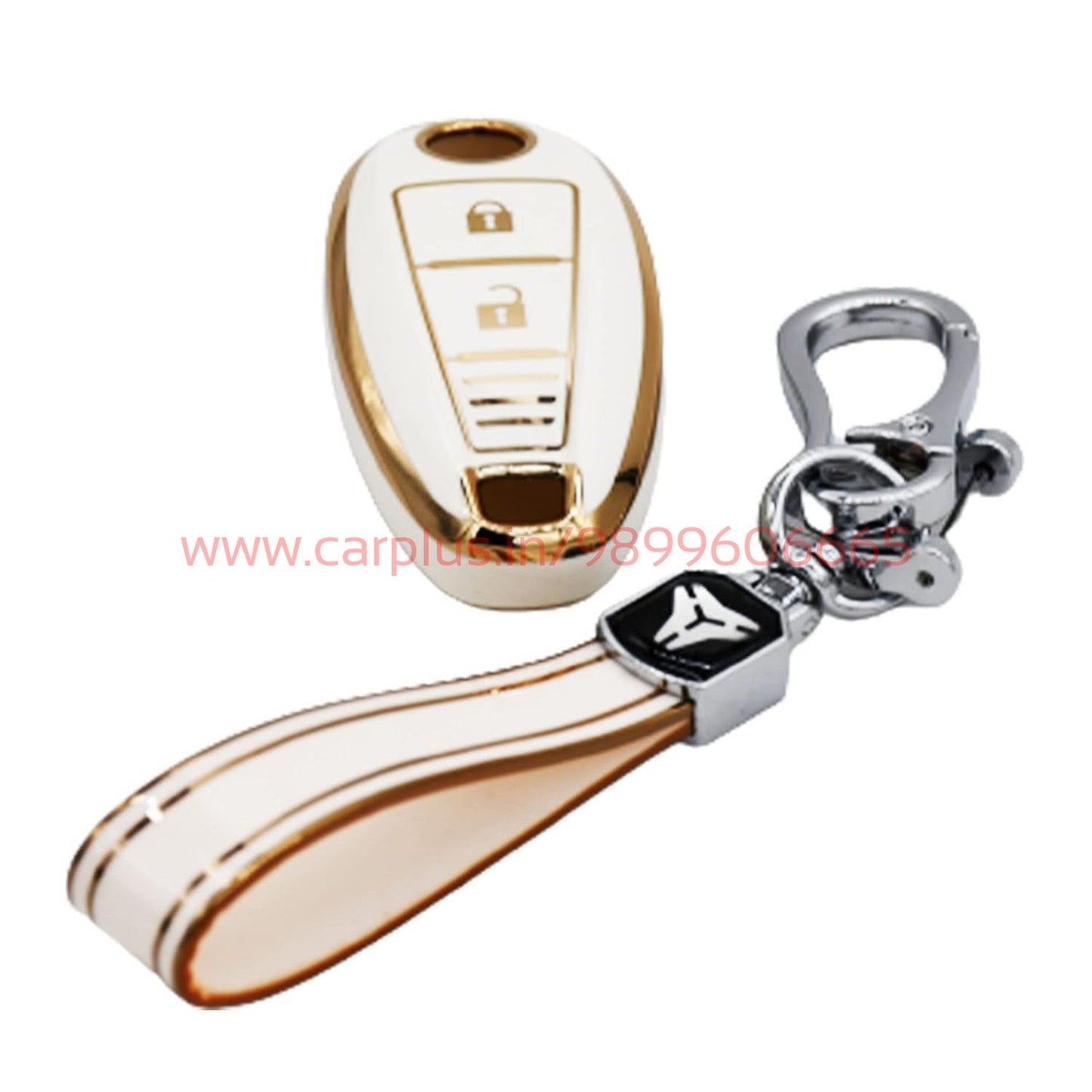 
                  
                    KMH - TPU Gold Car Key Cover Compatible for Maruti Suzuki Baleno | Brezza | Swift| Ignis Compatible with 2 Button Smart Key Cover-TPU GOLD KEY COVER-KMH-KEY COVER-White with Keychain-CARPLUS
                  
                