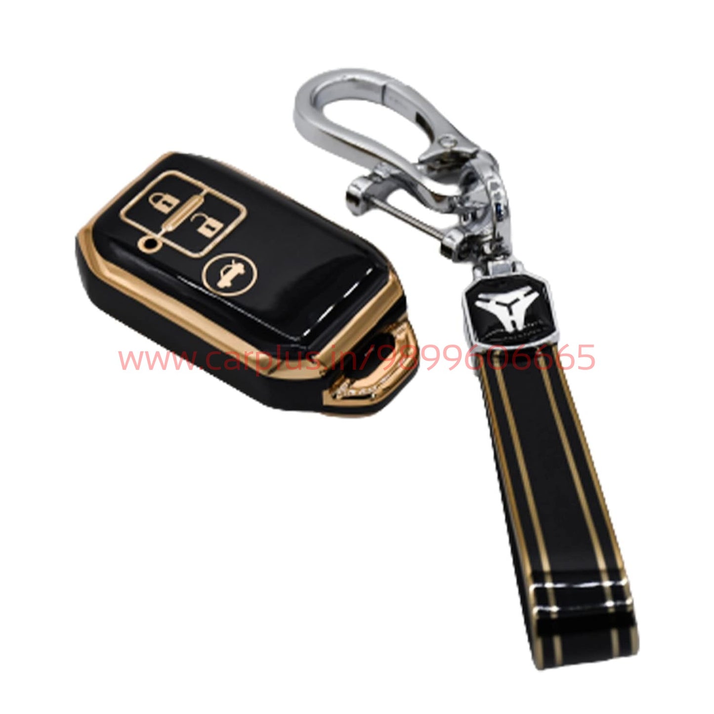 
                  
                    KMH TPU Gold Car Key Cover Compatible for Maruti Suzuki Swift, Dzire, Baleno, Ertiga 3 Button Smart Key Cover-TPU GOLD KEY COVER-KMH-TPU KEY COVER-Black with Keychain-CARPLUS
                  
                