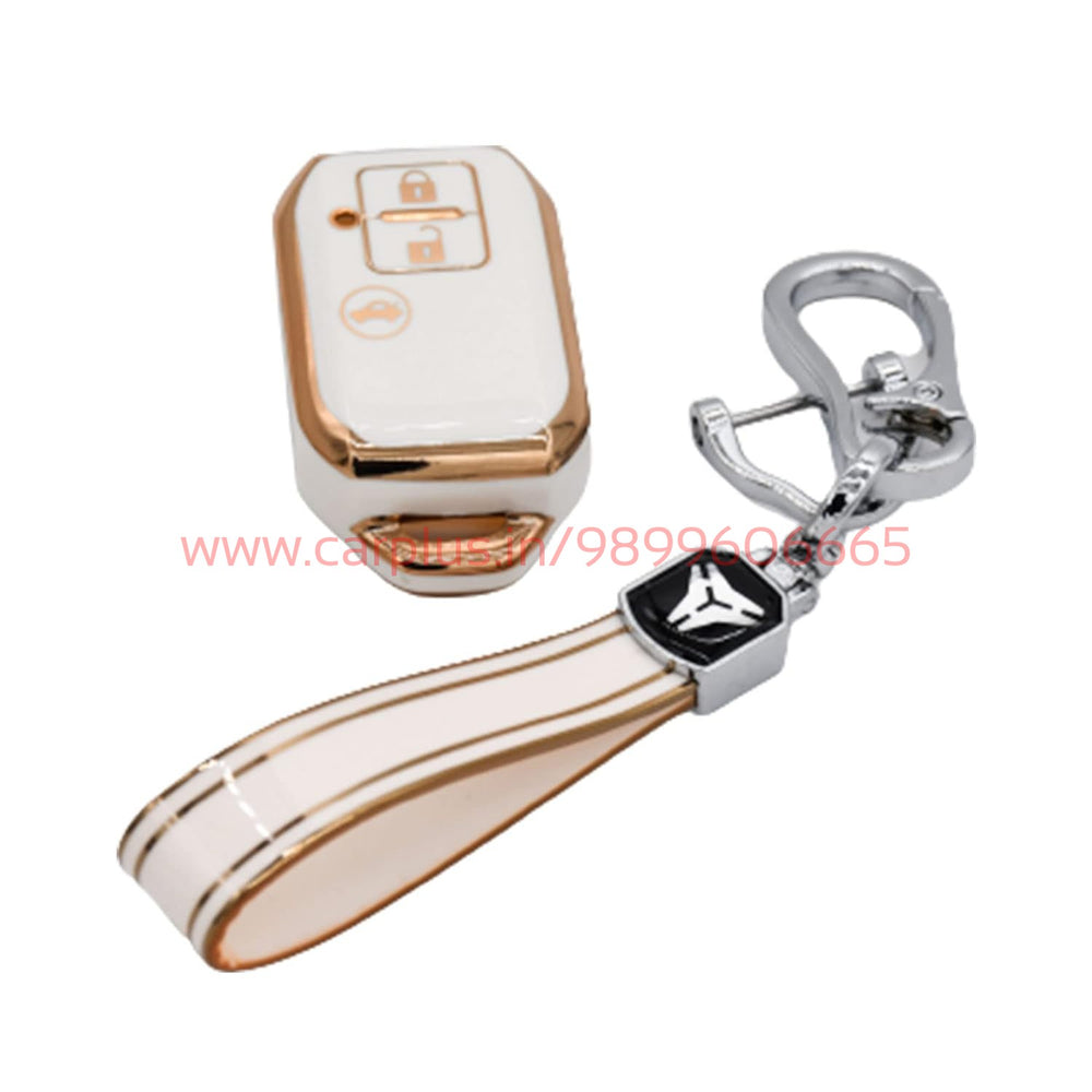 
                  
                    KMH TPU Gold Car Key Cover Compatible for Maruti Suzuki Swift, Dzire, Baleno, Ertiga 3 Button Smart Key Cover-TPU GOLD KEY COVER-KMH-TPU KEY COVER-White with Keychain-CARPLUS
                  
                