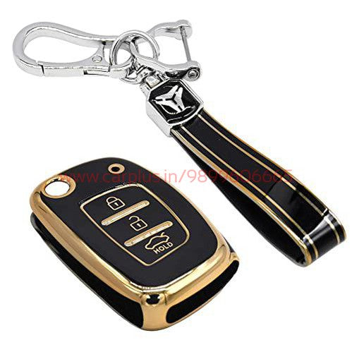 
                  
                    KMH - TPU Gold Car Key Cover Compatible for Venue, Creta, Aura, Elite i20, Active i20, Xcent 3 Button Smart Key-TPU GOLD KEY COVER-KMH-KEY COVER-Black with Keychain-CARPLUS
                  
                