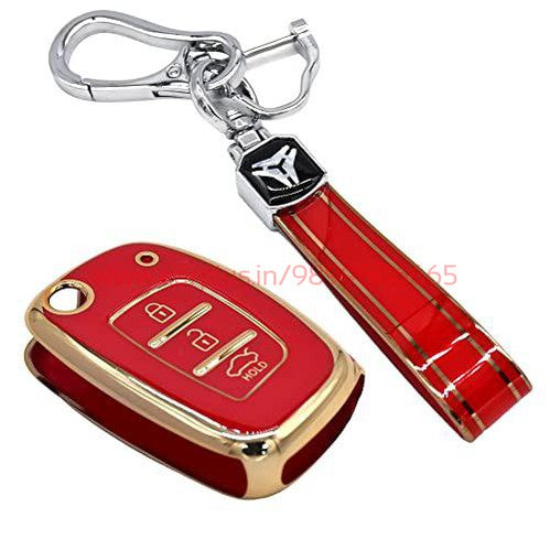 
                  
                    KMH - TPU Gold Car Key Cover Compatible for Venue, Creta, Aura, Elite i20, Active i20, Xcent 3 Button Smart Key-TPU GOLD KEY COVER-KMH-KEY COVER-Red with Keychain-CARPLUS
                  
                