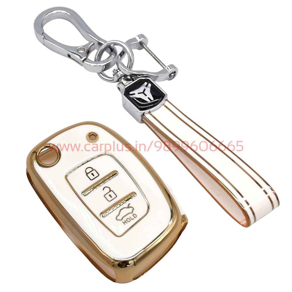 
                  
                    KMH - TPU Gold Car Key Cover Compatible for Venue, Creta, Aura, Elite i20, Active i20, Xcent 3 Button Smart Key-TPU GOLD KEY COVER-KMH-KEY COVER-White with Keychain-CARPLUS
                  
                