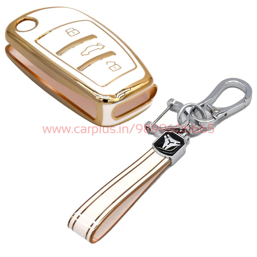 
                  
                    KMH TPU Gold Car Key Cover Compatible with Audi A1 A3 A6 Q2 Q3 Q7 TT TTS R8 S3 S6 RS3 Smart Folding Key Cover-TPU GOLD KEY COVER-KMH-KEY COVER-White with Keychain-CARPLUS
                  
                