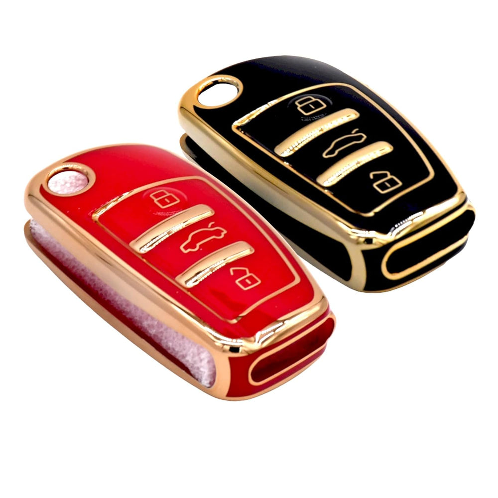 KMH TPU Gold Car Key Cover Compatible with Audi A1 A3 A6 Q2 Q3 Q7 TT TTS R8 S3 S6 RS3 Smart Key Cover (Pack of 2, Black-Red)-TPU GOLD KEY COVER-KMHGKY-KC-57-BKRD-CARPLUS