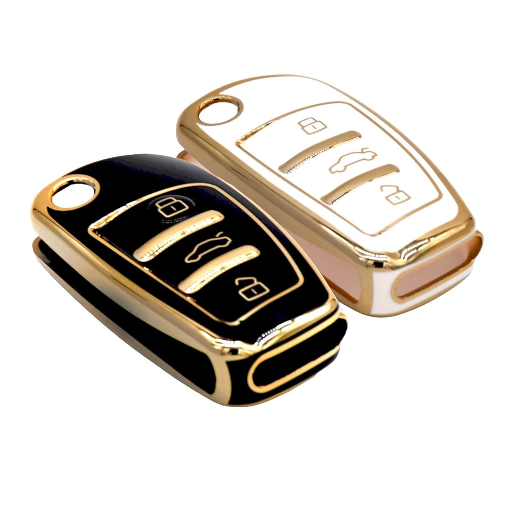 KMH TPU Gold Car Key Cover Compatible with Audi A1 A3 A6 Q2 Q3 Q7 TT TTS R8 S3 S6 RS3 Smart Key Cover (Pack of 2, Black-White)-TPU GOLD KEY COVER-KMH-CARPLUS
