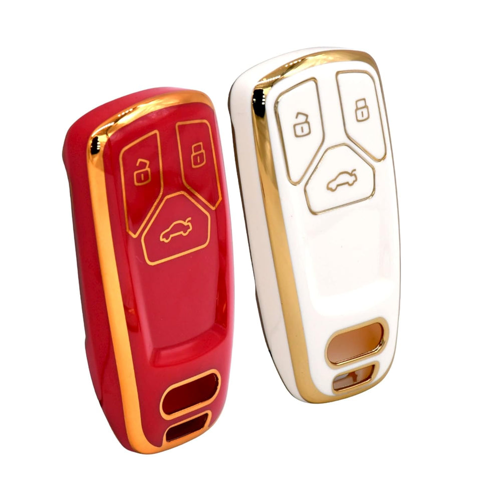 KMH TPU Gold Car Key Cover Compatible with Audi A4 TT TTS Q7 2016 2017 Key Cover (Pack of 2, White-Red)-TPU GOLD KEY COVER-KMH-CARPLUS