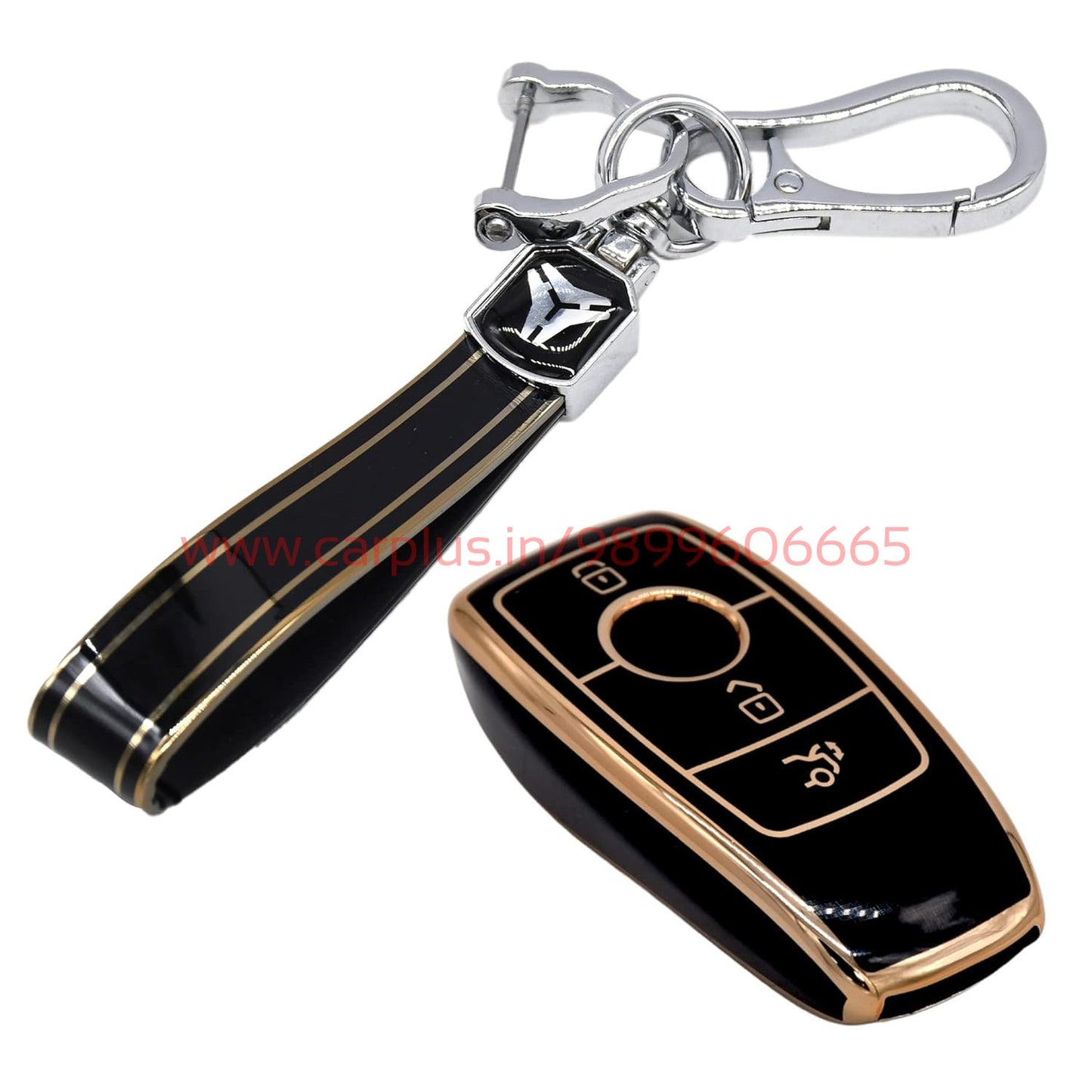 
                  
                    KMH - TPU Gold Car Key Cover Compatible with Benz E Series and S Series 3 Button Smart Key Cover-TPU GOLD KEY COVER-KMH-KEY COVER-Black with Keychain-CARPLUS
                  
                