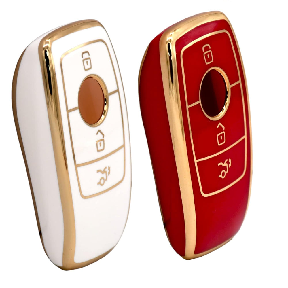 KMH - TPU Gold Car Key Cover Compatible with Benz E Series and S Series Smart Key 3 Button (Pack of 2, Red-White)-TPU GOLD KEY COVER-KMH-CARPLUS