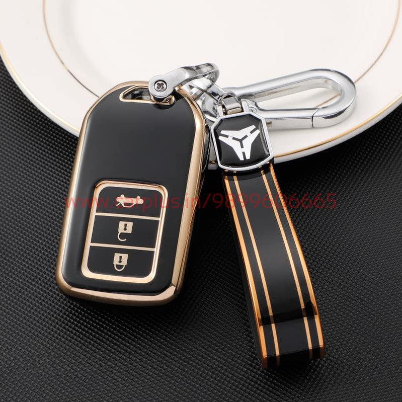
                  
                    KMH TPU Gold Car Key Cover Compatible with Honda City, Civic, Jazz, Amaze, CR-V, WR-V, BR-V 3 Button Push Button Start Smart Key-TPU GOLD KEY COVER-KMH-KEY COVER-Black with Keychain-CARPLUS
                  
                