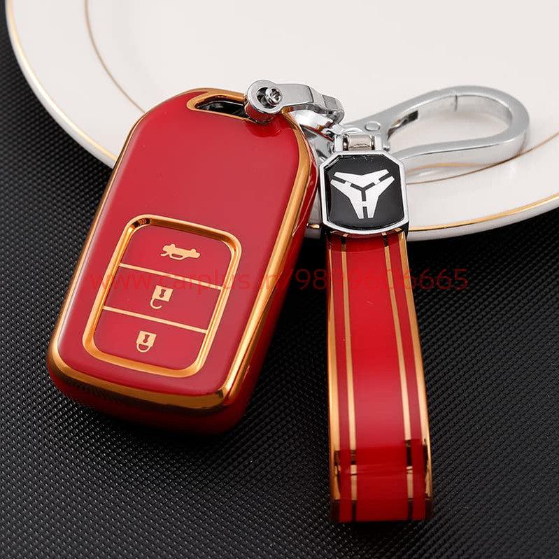 
                  
                    KMH TPU Gold Car Key Cover Compatible with Honda City, Civic, Jazz, Amaze, CR-V, WR-V, BR-V 3 Button Push Button Start Smart Key-TPU GOLD KEY COVER-KMH-KEY COVER-Red with Keychain-CARPLUS
                  
                