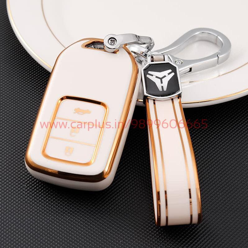
                  
                    KMH TPU Gold Car Key Cover Compatible with Honda City, Civic, Jazz, Amaze, CR-V, WR-V, BR-V 3 Button Push Button Start Smart Key-TPU GOLD KEY COVER-KMH-KEY COVER-White with Keychain-CARPLUS
                  
                