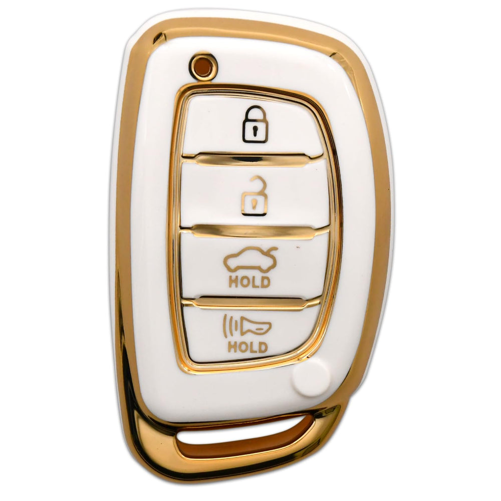 
                  
                    KMH - TPU Gold Car Key Cover Compatible with Hyundai Alcazar Creta 2022 Venue i20 Tucson Elantra 4 Button Smart Key Cover (Black-White Pack of 2)-TPU GOLD KEY COVER-KMH-CARPLUS
                  
                