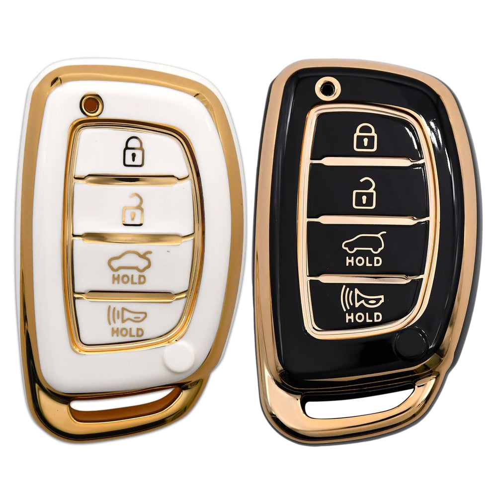 KMH - TPU Gold Car Key Cover Compatible with Hyundai Alcazar Creta 2022 Venue i20 Tucson Elantra 4 Button Smart Key Cover (Black-White Pack of 2)-TPU GOLD KEY COVER-KMH-CARPLUS