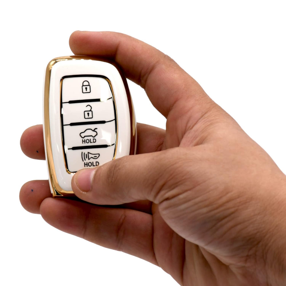 
                  
                    KMH - TPU Gold Car Key Cover Compatible with Hyundai Alcazar Creta 2022 Venue i20 Tucson Elantra 4 Button Smart Key Cover (Pack of 2, White-Red)-TPU GOLD KEY COVER-KMH-CARPLUS
                  
                