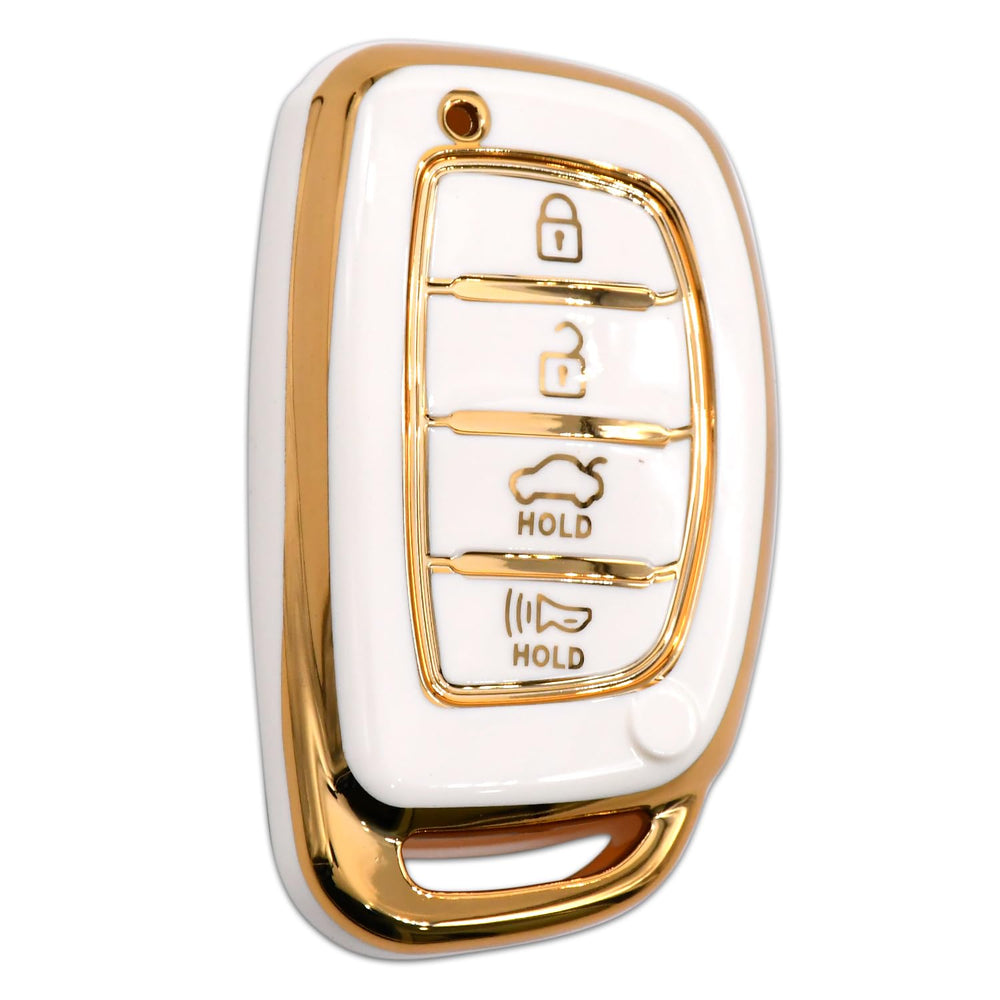 
                  
                    KMH - TPU Gold Car Key Cover Compatible with Hyundai Alcazar Creta 2022 Venue i20 Tucson Elantra 4 Button Smart Key Cover (Pack of 2,White)-TPU GOLD KEY COVER-KMH-CARPLUS
                  
                