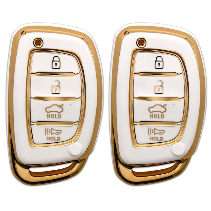 KMH - TPU Gold Car Key Cover Compatible with Hyundai Alcazar Creta 2022 Venue i20 Tucson Elantra 4 Button Smart Key Cover (Pack of 2,White)-TPU GOLD KEY COVER-KMH-CARPLUS