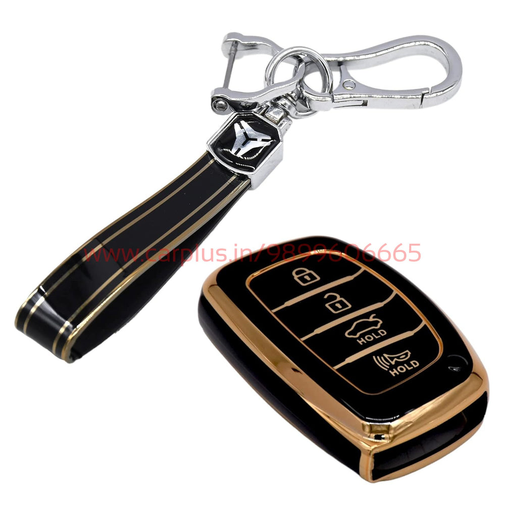 
                  
                    KMH - TPU Gold Car Key Cover Compatible with Hyundai Alcazar Creta 2022 Venue i20 Tucson Elantra 4 Button Smart Key Cover-TPU GOLD KEY COVER-KMH-KEY COVER-Black with Keychain-CARPLUS
                  
                