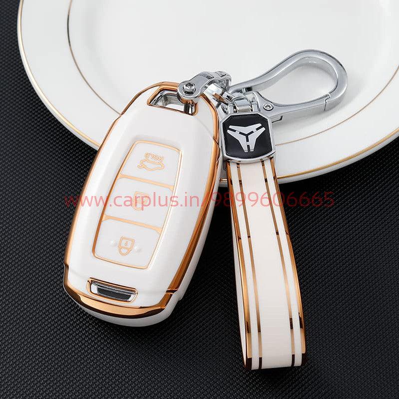 
                  
                    KMH - TPU Gold Car Key Cover Compatible with Hyundai Verna 3 Button Smart Key Cover-TPU GOLD KEY COVER-KMH-KEY COVER-White with Keychain-CARPLUS
                  
                