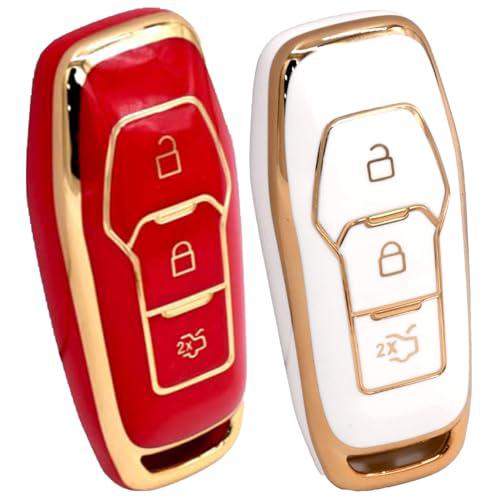 KMH - TPU Gold Car Key Cover Compatible with Jeep Compass Trailhawk 3 Push Button Smart Key Cover (Pack of 2,Red-White)-TPU GOLD KEY COVER-KMH-CARPLUS