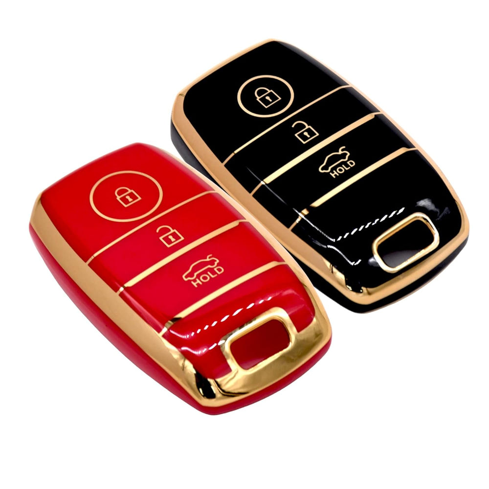 KMH TPU Gold Car Key Cover Compatible with Kia Seltos Sonet Carens 3 Button Push Start Car Key (Pack of 2, Black-Red)-TPU GOLD KEY COVER-KMH-CARPLUS