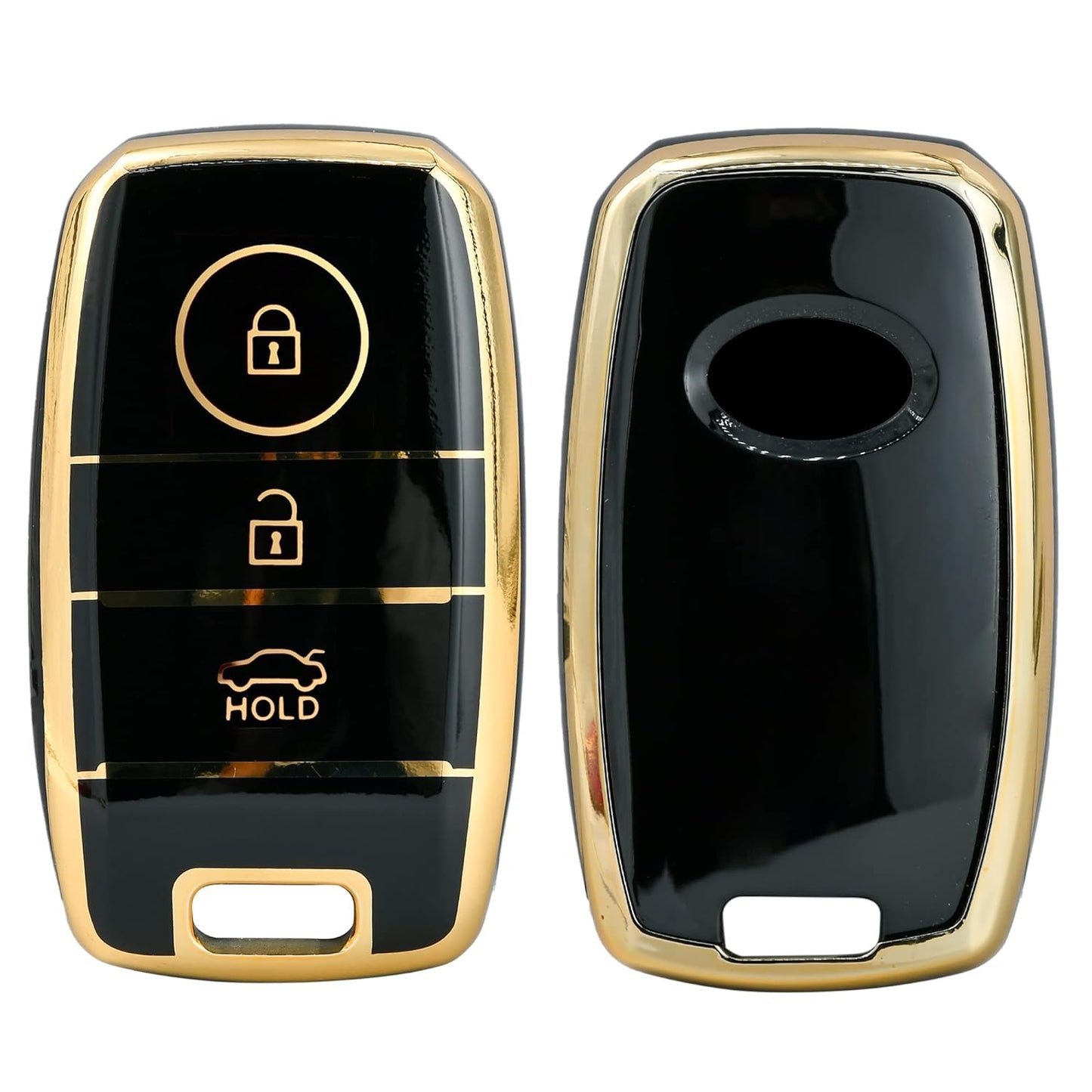 
                  
                    KMH TPU Gold Car Key Cover Compatible with Kia Seltos Sonet Carens 3 Button Push Start Car Key (Pack of 2, Black-White)-TPU GOLD KEY COVER-KMH-CARPLUS
                  
                